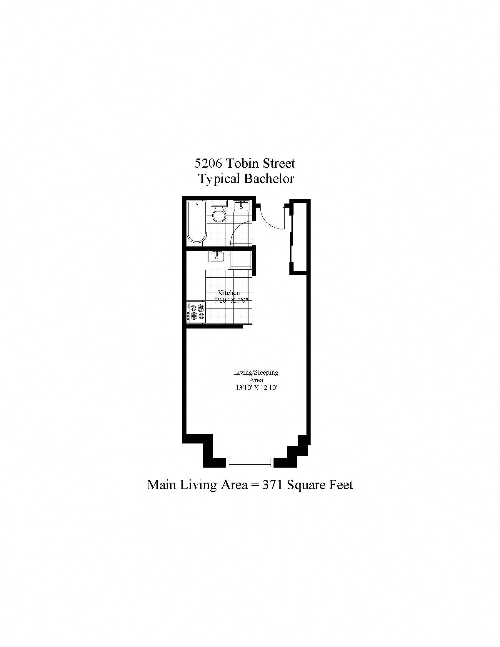 Floor plan for studio, 1 bath, 371 sqft